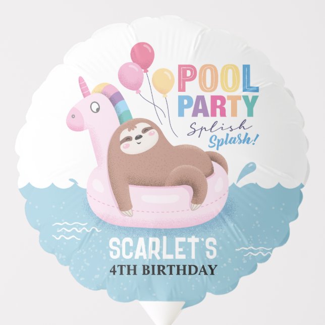 Pool Party Cute Sloth Summer Birthday  Balloon (Front)