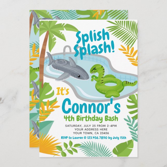 Pool Party Dinosaur and Shark Birthday Invitation (Front/Back)