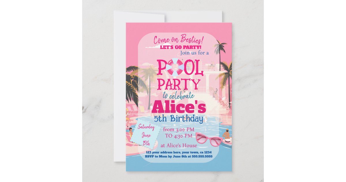 Pool Party Doll Malibu Beach Birthday Invitation | Zazzle