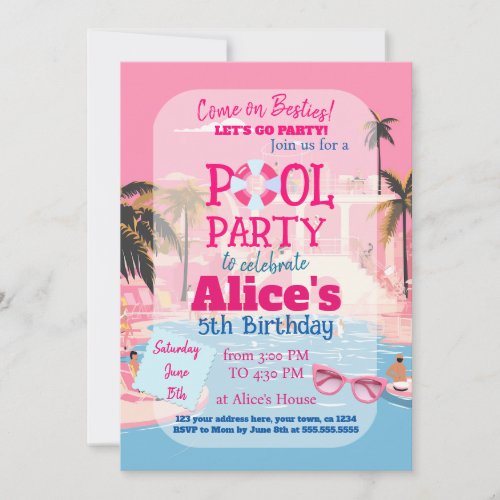 Pool Party Doll Malibu Beach Birthday Invitation