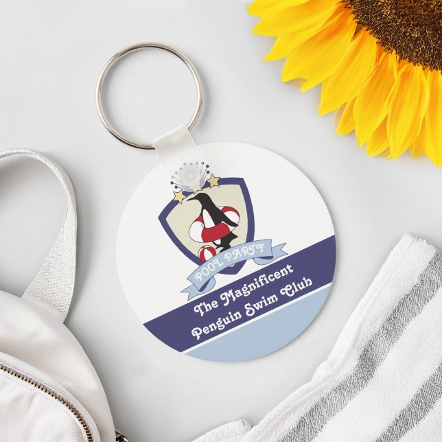 Pool Party Favor Swimming Club Crest Penguin Kids Keychain (Creator Uploaded)
