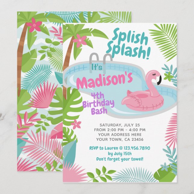 Pool Party Flamingo Birthday Invitation (Front/Back)