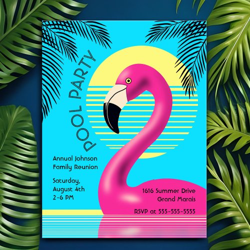 Pool Party Flamingo Float Retro Summer Tropical Invitation Postcard
