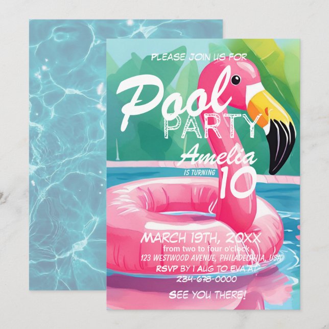 Pool Party Flamingo Girl 10th Birthday Invitation (Front/Back)
