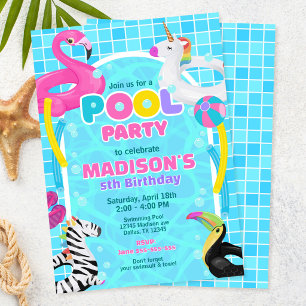 Pool Party Flamingo Unicorn Float Girl Birthday  Invitation