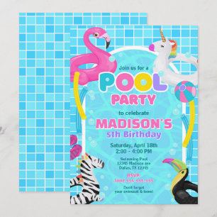Pool Party Flamingo Unicorn Float Girl Birthday  Invitation
