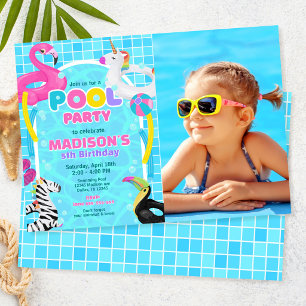 Pool Party Flamingo Unicorn Float Photo Birthday  Invitation