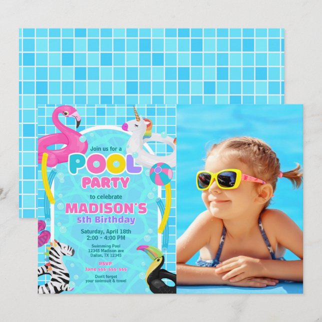 Pool Party Flamingo Unicorn Float Photo Birthday  Invitation (Front/Back)