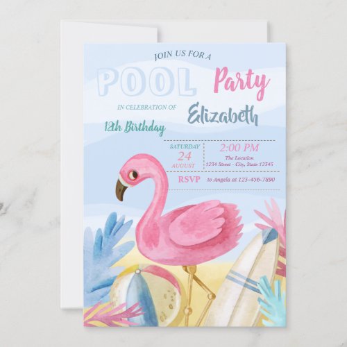 Pool Party Flamingos Birthday Party Invitation