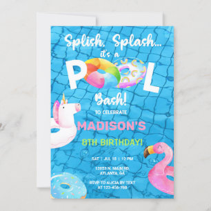 Pool party & floaties birthday invitation, girl. invitation