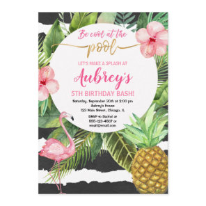 Pool party girl birthday, flamingo tropical invitation