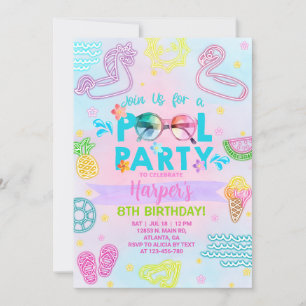 Pool party girl birthday invitation, pool bash. invitation