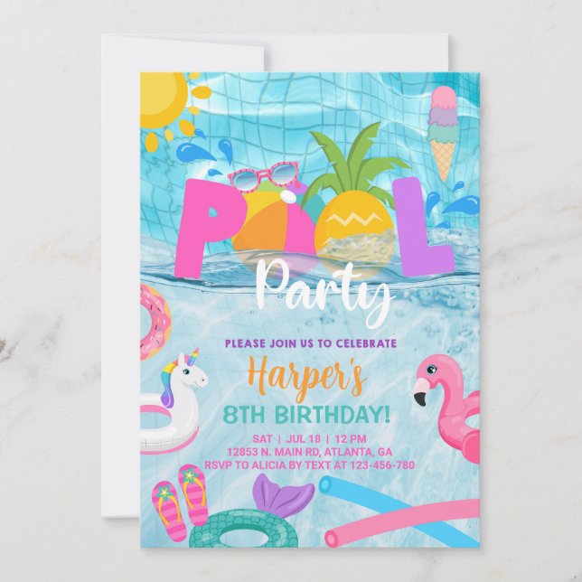 Pool party girl birthday invitation, pool bash. invitation (Front)