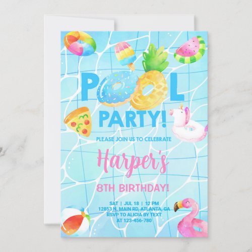 Pool party girl birthday invitation pool bash invitation