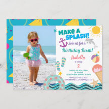 Pool party girl birthday photo invitation