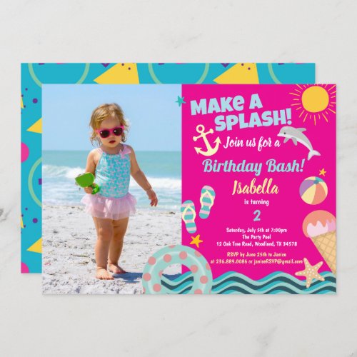 Pool party girl birthday photo invitation pink