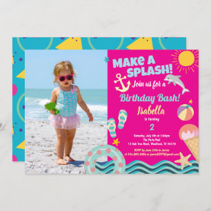 Pool party girl birthday photo invitation pink