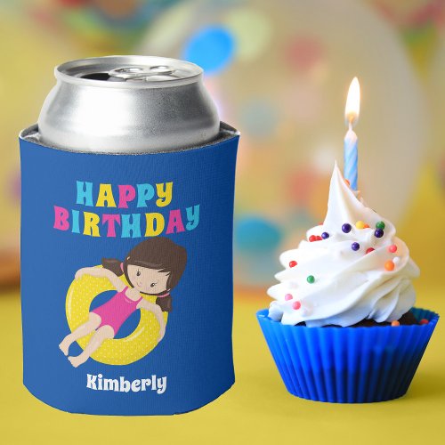 Pool Party Girl Custom Kids Happy Birthday Blue Can Cooler
