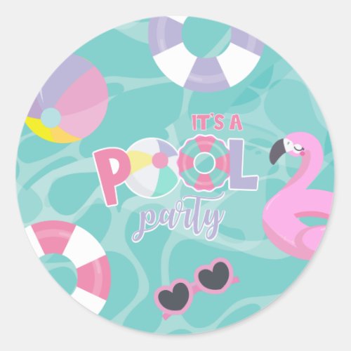 Pool party Girl Pink and Purple Birthday  Classic Round Sticker