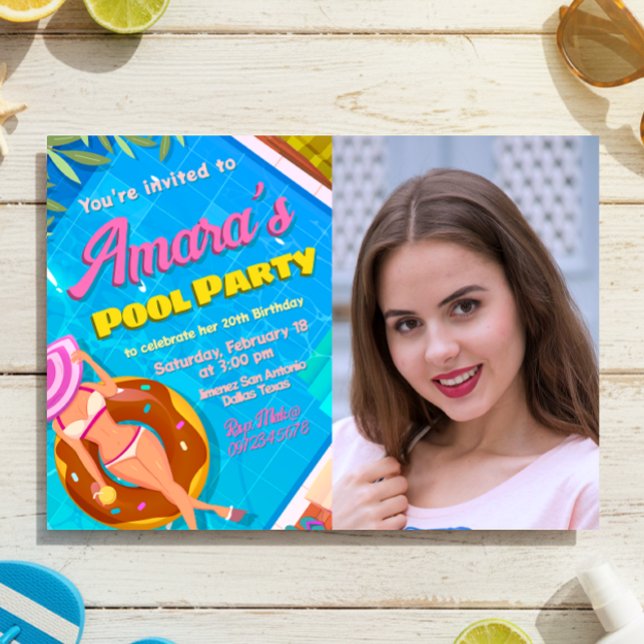 Pool Party - Girl with Photo Invitation (Pool Party Landscape Invitation with Photo)