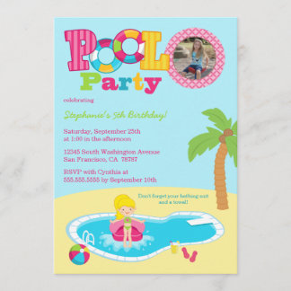 Pool party girls photo birthday party invitation
