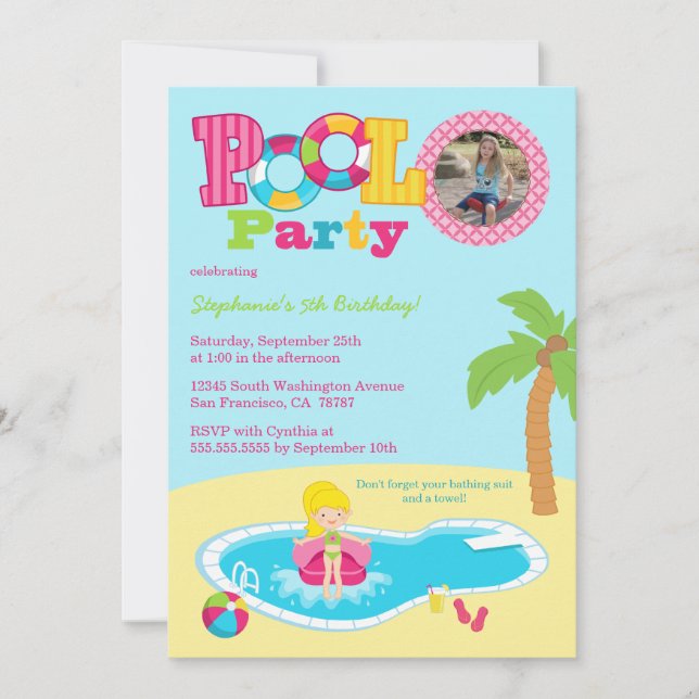Pool party girls photo birthday party invitation (Front)
