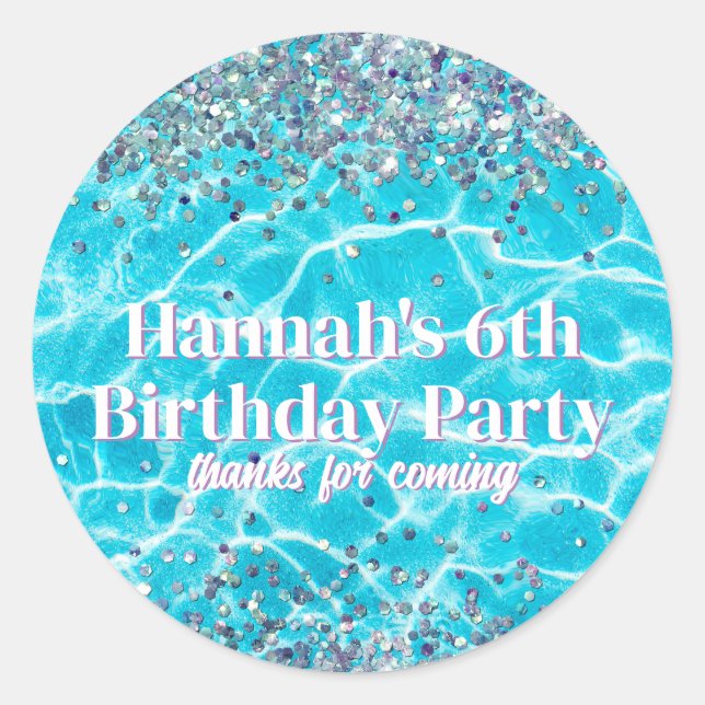 Pool Party Glitter Birthday Favor Classic Round Sticker (Front)