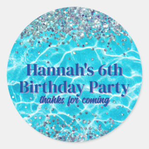 Pool Party Glitter Birthday Favor Classic Round Sticker