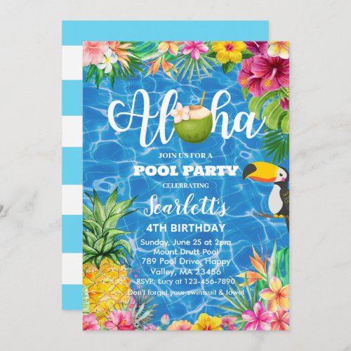 pool party Hawaiian Aloha pool  party birthday Invitation