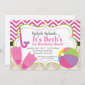 Pool Party Hot Pink Chevron and Tan Argyle Invite (Front/Back)