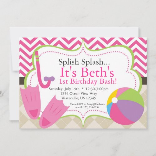 Pool Party Hot Pink Chevron and Tan Argyle Invite