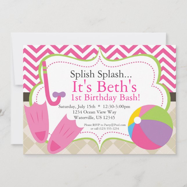 Pool Party Hot Pink Chevron and Tan Argyle Invite (Front)