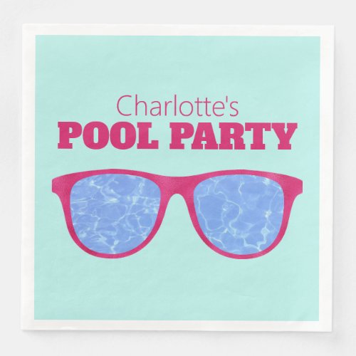 Pool Party Hot Pink Sunglasses on Turquoise Paper Dinner Napkins