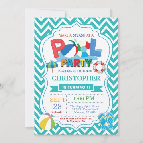 Pool Party Invitation Aqua Splish Splash Boy