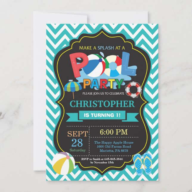 Pool Party Invitation Aqua Splish Splash Boy (Front)