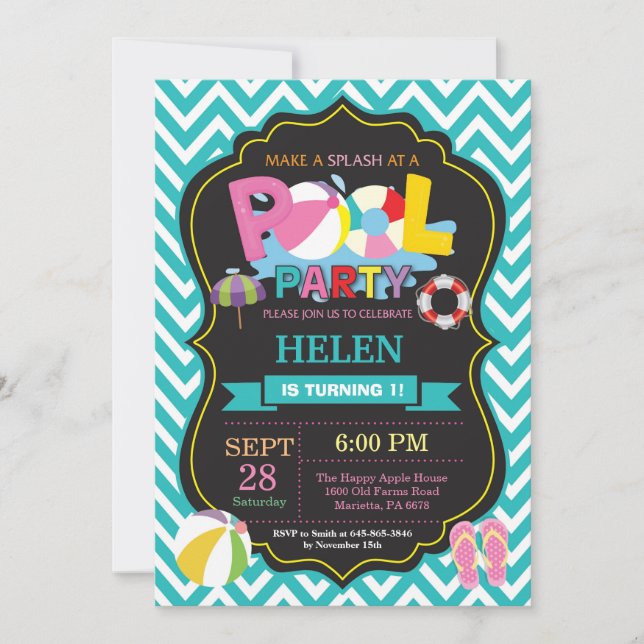 Pool Party Invitation Aqua Splish Splash Girl (Front)