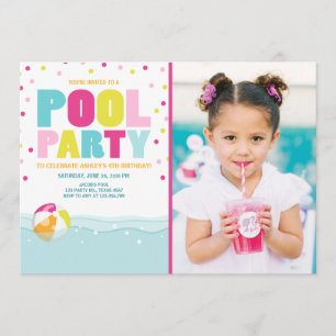 Pool party invitation Birthday Girl Pink Yellow