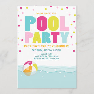 Pool party invitation Birthday Girl Pink Yellow