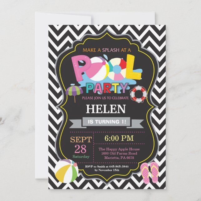 Pool Party Invitation Black Splish Splash Girl (Front)