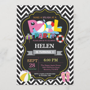 Pool Party Invitation Black Splish Splash Girl