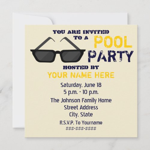 Pool Party Invitation - Black Sunglasses