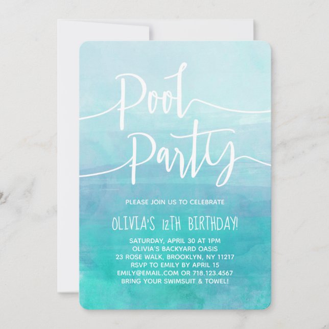 Pool Party Invitation Blue Watercolor Birthday (Front)