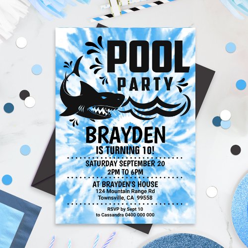Pool Party Invitation Boy Tie Dye Pool Party Shark