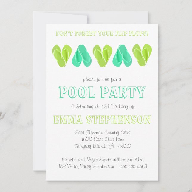 Pool Party Invitation | Bright Flip Flops (Front)