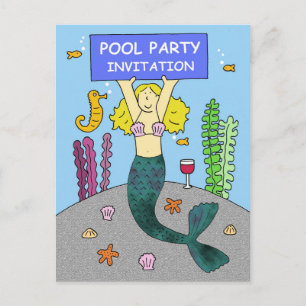 Pool Party Invitation Cartoon Mermaid Postcard