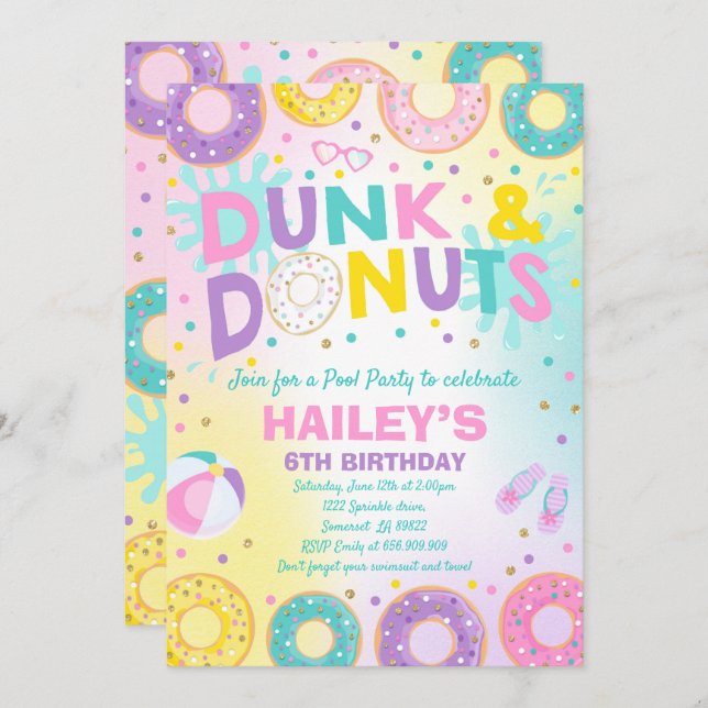 Pool Party Invitation Dunk And Donuts Pool Party (Front/Back)
