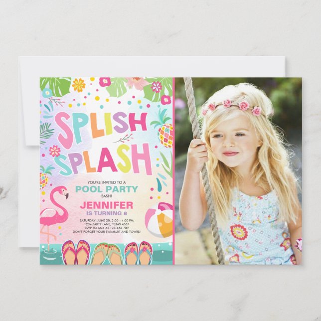 Pool party invitation Flamingo Tropical Pineapple (Front)