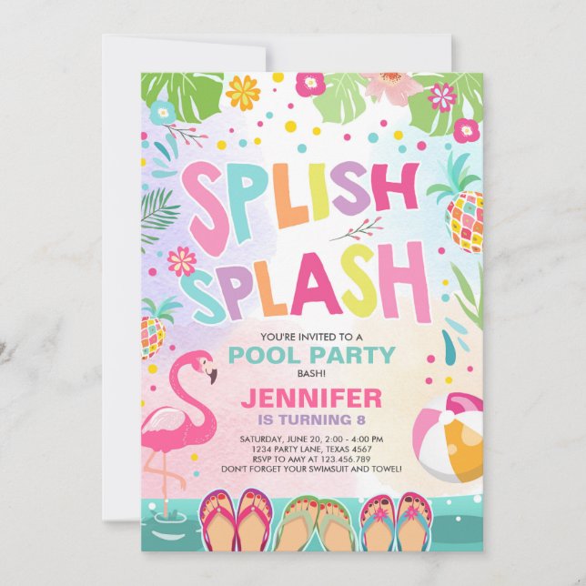 Pool party invitation Flamingo Tropical Pineapple (Front)