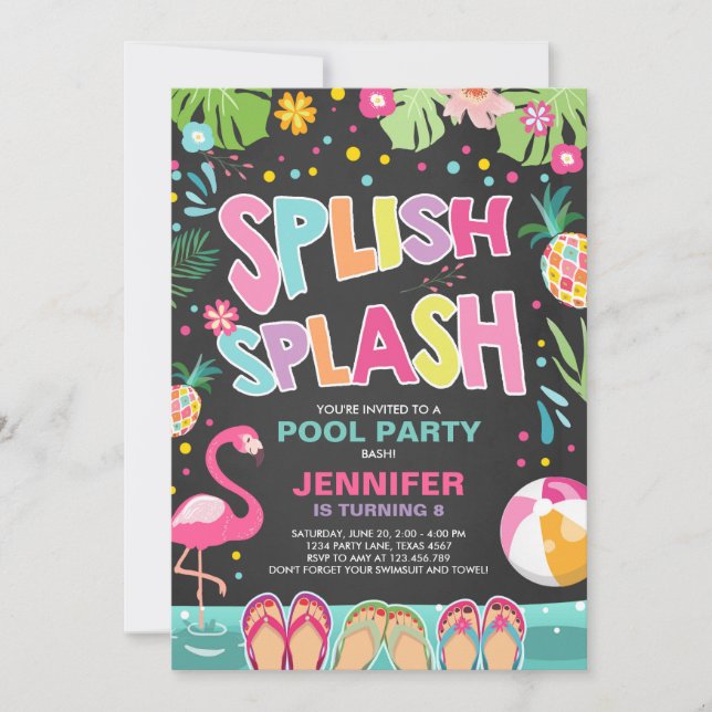 Pool party invitation Flamingo Tropical Pineapple (Front)