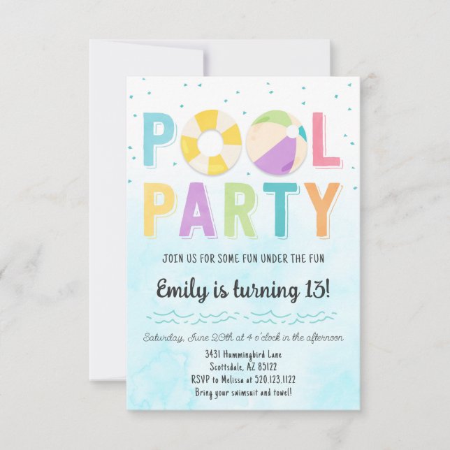 Pool Party Invitation for Birthday and Events (Front)